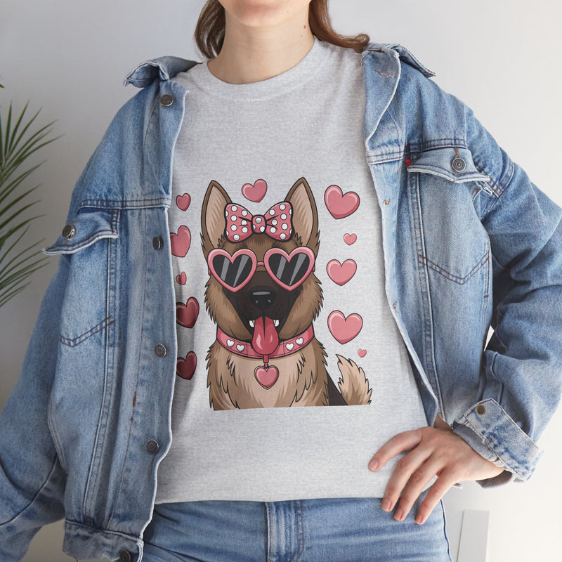 German Shepherd with Pink Hearts Valentine's Day Unisex Heavy Cotton Tee