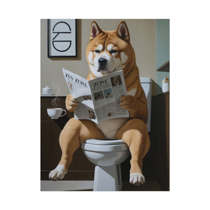 Funny Akita Bathroom Poster – Dog Sitting on Toilet Reading Newspaper | Humorous Dog Wall Art for Bathroom Decor