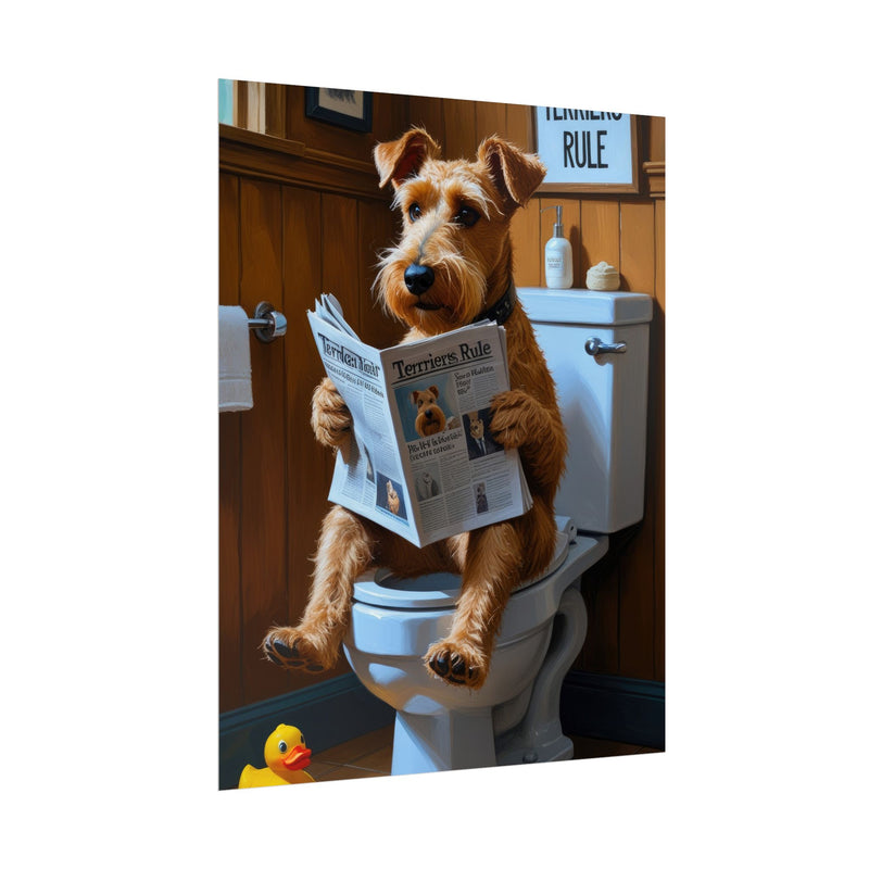 Funny Airedale Terrier Bathroom Poster – Dog Sitting on Toilet Reading Newspaper | Humorous Dog Wall Art for Bathroom Decor