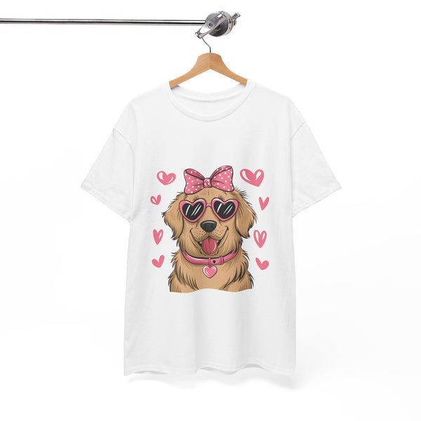 Golden Retriever with Pink Hearts Valentine's Day Unisex Heavy Cotton Tee