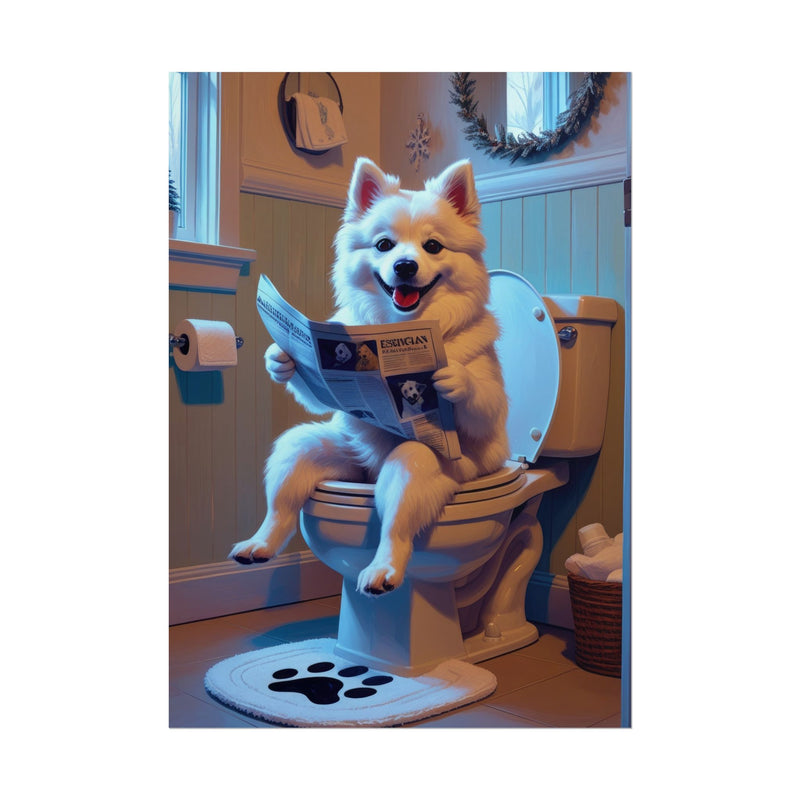 Funny American Eskimo Dog Bathroom Poster – Dog Sitting on Toilet Reading Newspaper | Humorous Dog Wall Art for Bathroom Decor