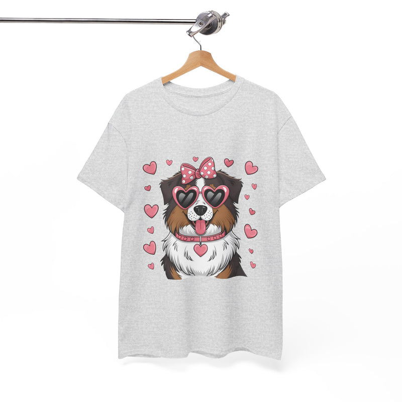 Australian Shepherd with Pink Hearts Valentine's Day Unisex Heavy Cotton Tee