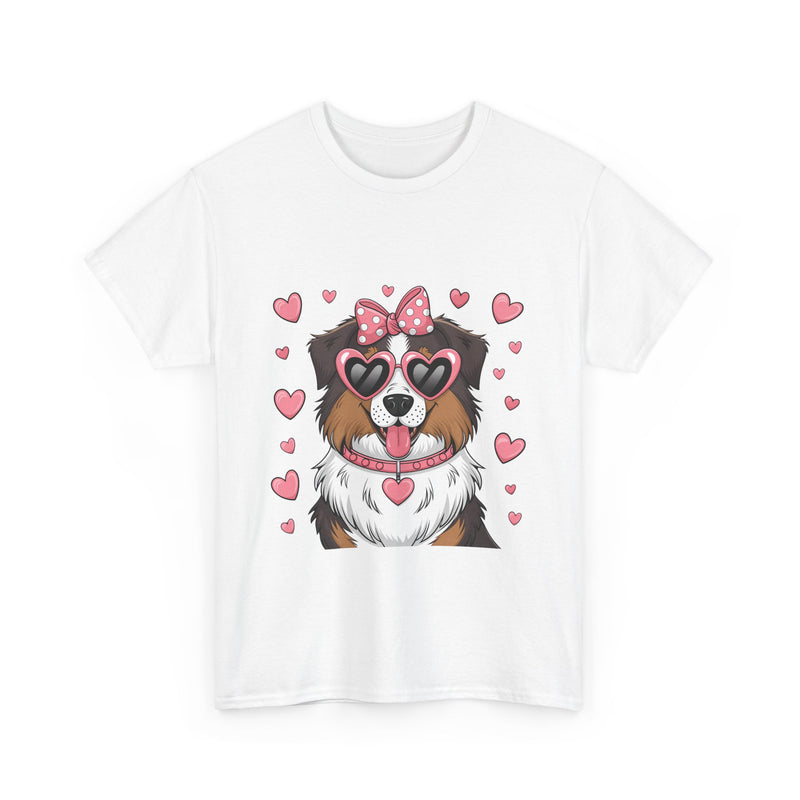 Australian Shepherd with Pink Hearts Valentine's Day Unisex Heavy Cotton Tee