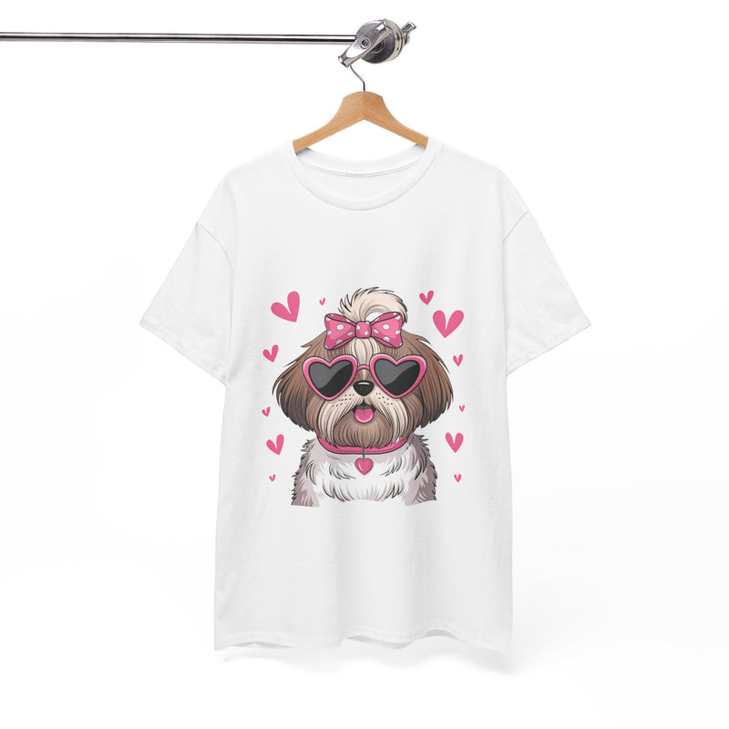 Shih Tzu with Pink Hearts Valentine's Day Unisex Heavy Cotton Tee