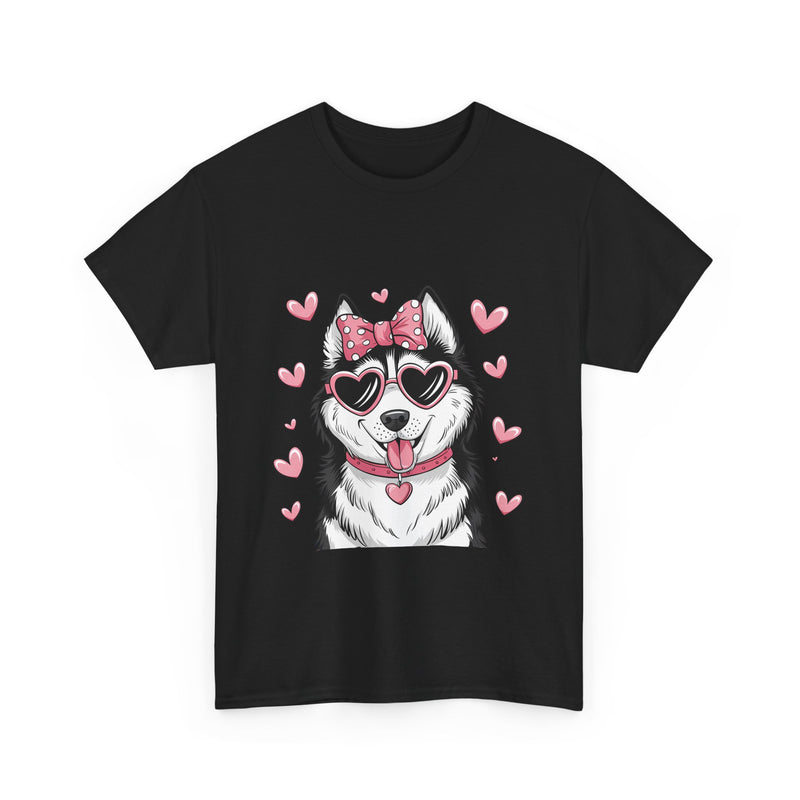 Siberian Husky with Pink Hearts Valentine's Day Unisex Heavy Cotton Tee