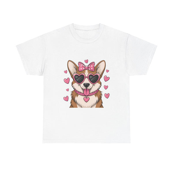 Corgi with Pink Hearts Valentine's Day Unisex Heavy Cotton Tee