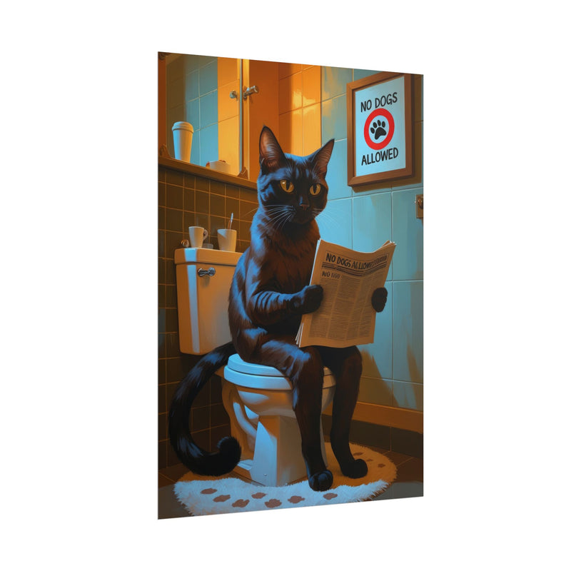 Funny Abyssinian Cat Bathroom Poster – Cat Sitting on Toilet Reading Newspaper | Humorous Cat Wall Art for Bathroom Decor