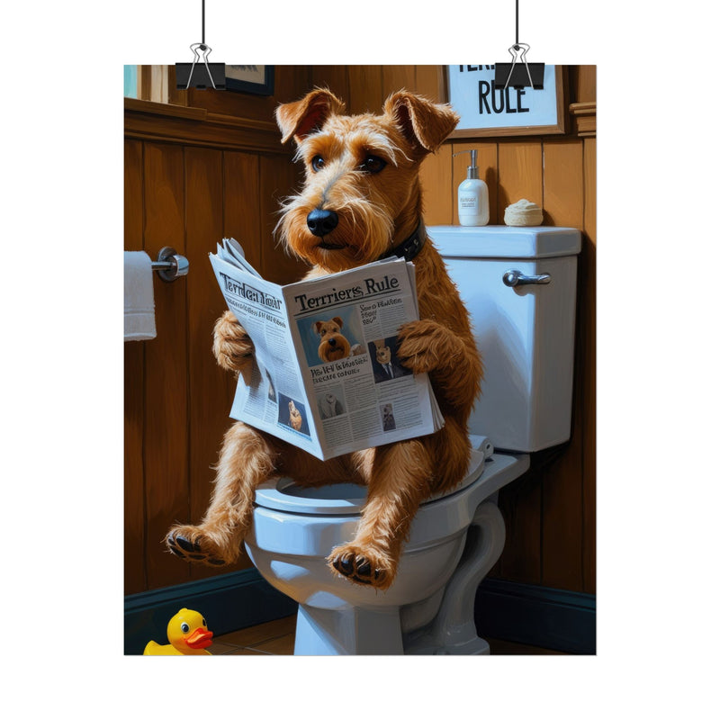 Funny Airedale Terrier Bathroom Poster – Dog Sitting on Toilet Reading Newspaper | Humorous Dog Wall Art for Bathroom Decor