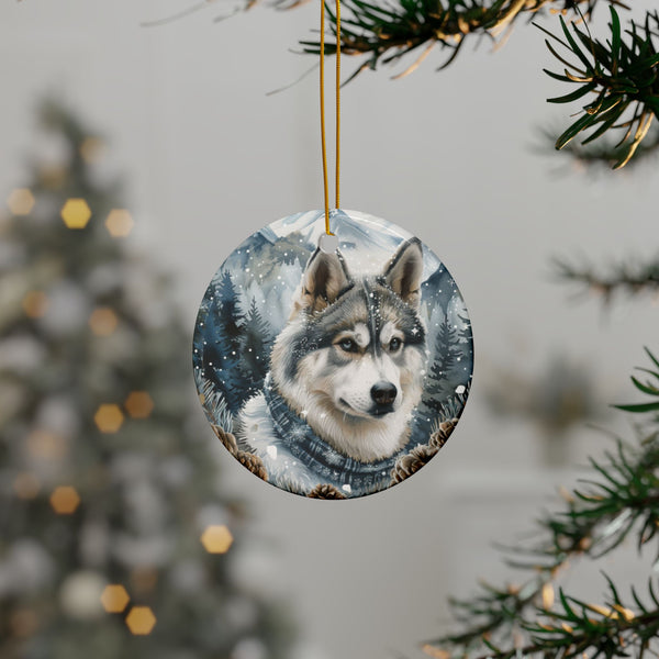 Siberian Husky Christmas Ornament – 3D Watercolor Holiday Design with Winter Sweater, Snowy Mountains, Pine Cones, and Evergreen Branches