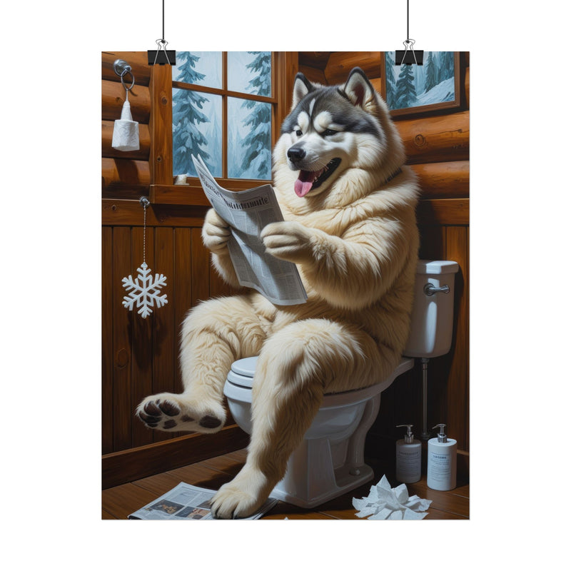 Funny Alaskan Malamute Bathroom Poster – Dog Sitting on Toilet Reading Newspaper | Humorous Dog Wall Art for Bathroom Decor