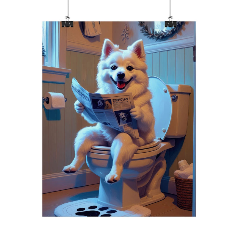 Funny American Eskimo Dog Bathroom Poster – Dog Sitting on Toilet Reading Newspaper | Humorous Dog Wall Art for Bathroom Decor