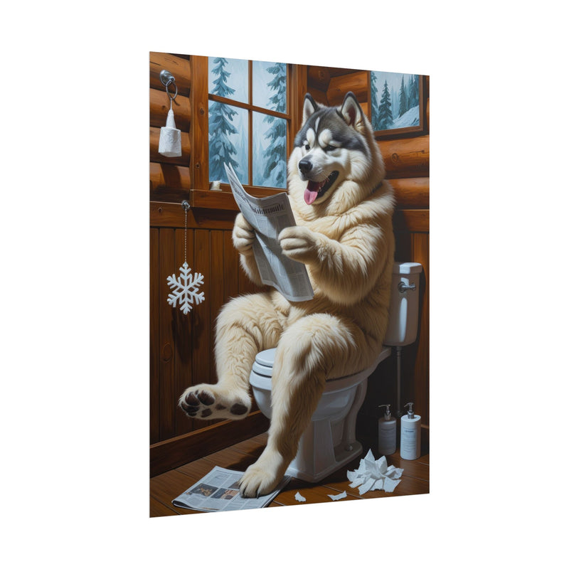 Funny Alaskan Malamute Bathroom Poster – Dog Sitting on Toilet Reading Newspaper | Humorous Dog Wall Art for Bathroom Decor