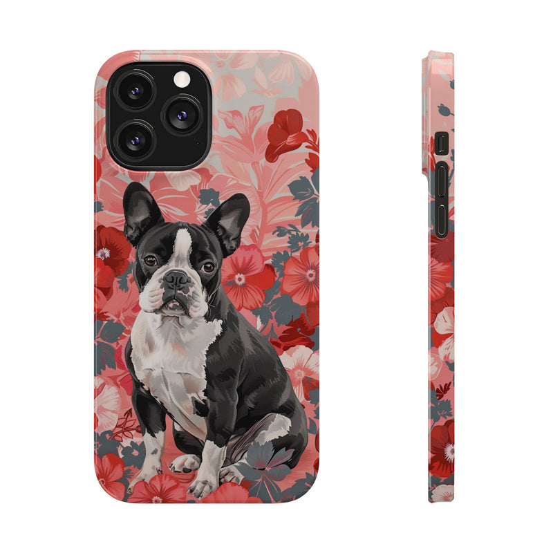 Boston Terrier with Flowers iPhone Slim Phone Cases