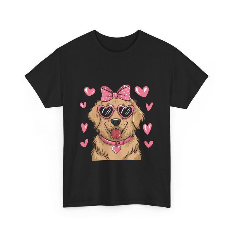 Golden Retriever with Pink Hearts Valentine's Day Unisex Heavy Cotton Tee