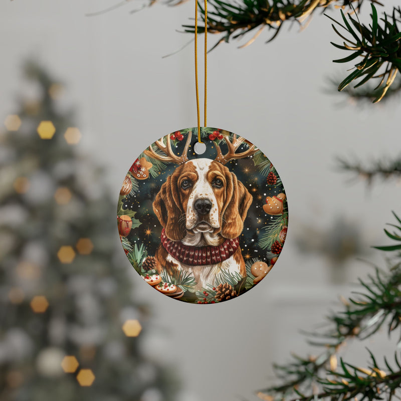 Basset Hound Christmas Ornament with Reindeer Antlers – 3D Watercolor Holiday Design Featuring Gingerbread, Holly Berries, and Pinecones