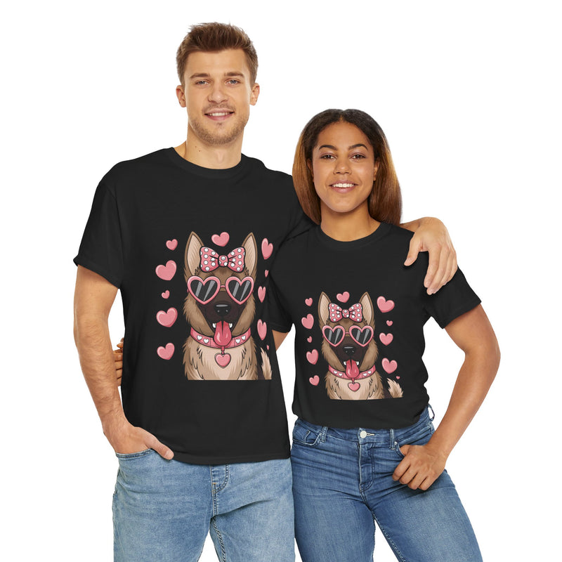 German Shepherd with Pink Hearts Valentine's Day Unisex Heavy Cotton Tee