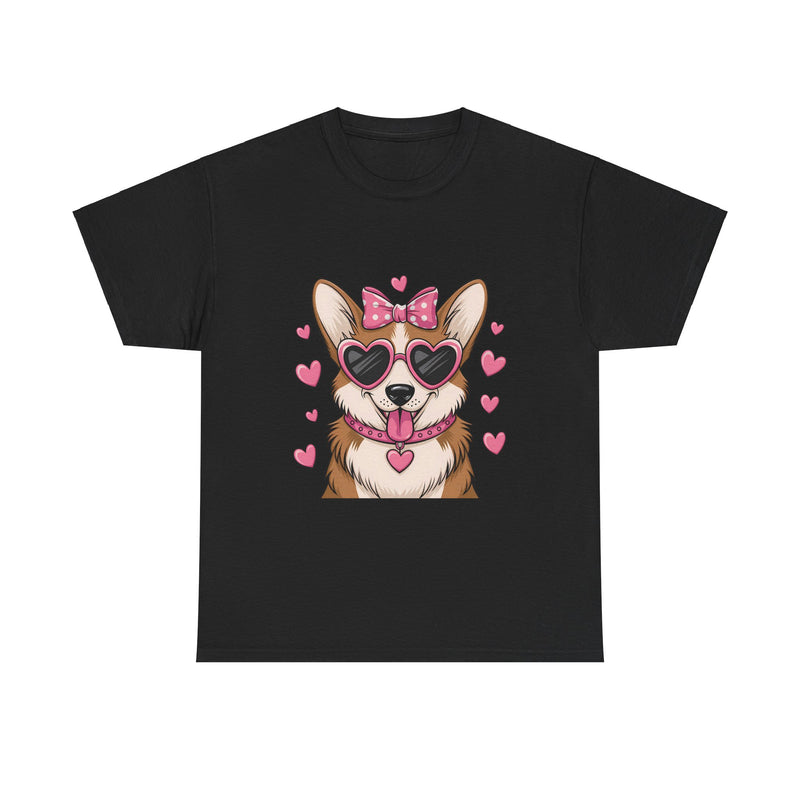 Corgi with Pink Hearts Valentine's Day Unisex Heavy Cotton Tee