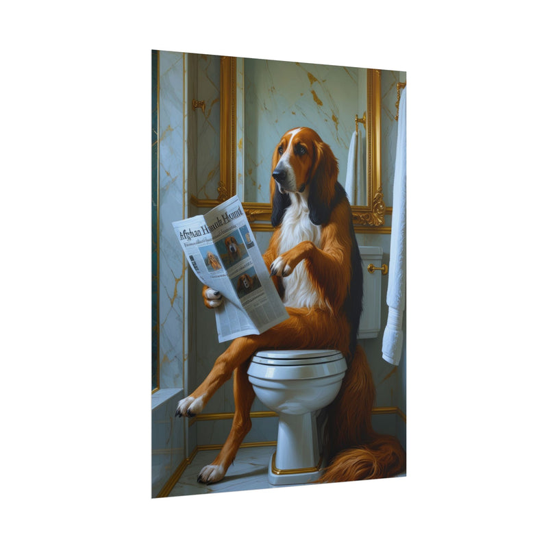 Funny Afghan Hound Bathroom Poster – Dog Sitting on Toilet Reading Newspaper | Humorous Dog Wall Art for Bathroom Decor