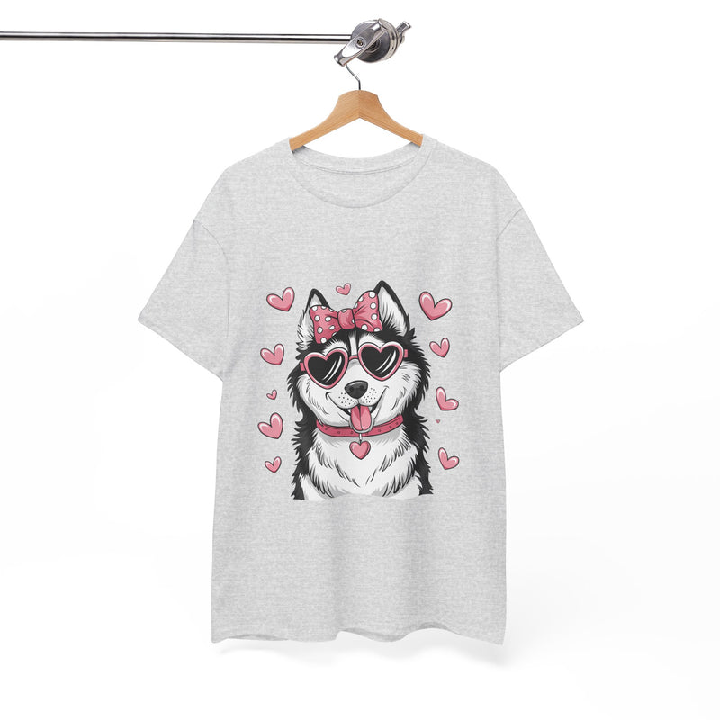 Siberian Husky with Pink Hearts Valentine's Day Unisex Heavy Cotton Tee