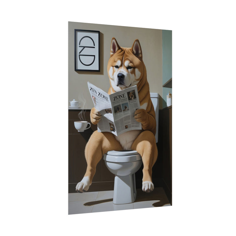 Funny Akita Bathroom Poster – Dog Sitting on Toilet Reading Newspaper | Humorous Dog Wall Art for Bathroom Decor