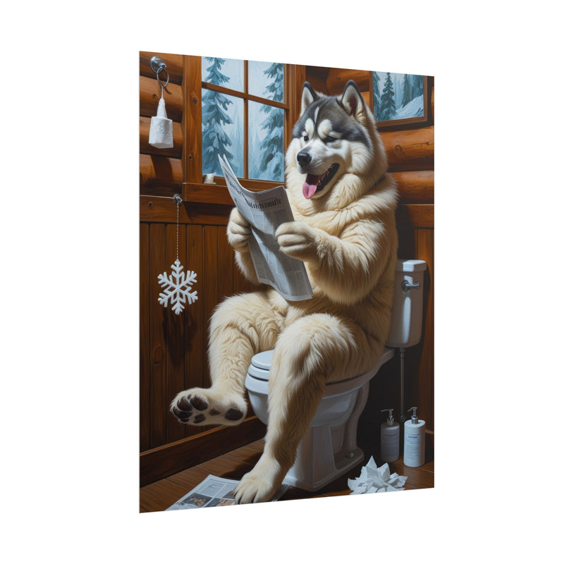 Funny Alaskan Malamute Bathroom Poster – Dog Sitting on Toilet Reading Newspaper | Humorous Dog Wall Art for Bathroom Decor