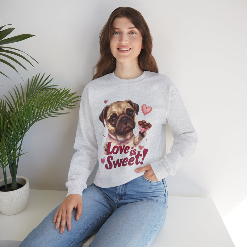 Love is Sweet Pug Unisex Crewneck Sweatshirt – Heart-Shaped Chocolates Design - Pug Lovers Valentine's Day Gift