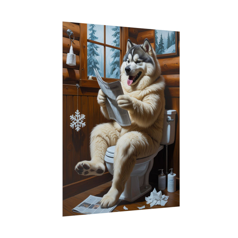 Funny Alaskan Malamute Bathroom Poster – Dog Sitting on Toilet Reading Newspaper | Humorous Dog Wall Art for Bathroom Decor