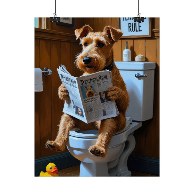 Funny Airedale Terrier Bathroom Poster – Dog Sitting on Toilet Reading Newspaper | Humorous Dog Wall Art for Bathroom Decor