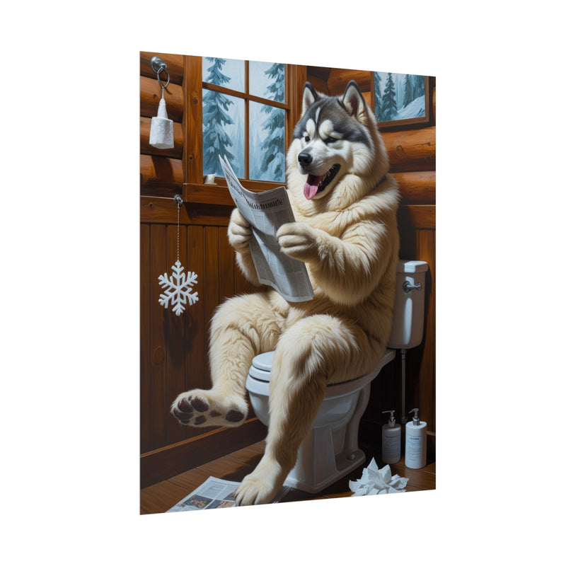 Funny Alaskan Malamute Bathroom Poster – Dog Sitting on Toilet Reading Newspaper | Humorous Dog Wall Art for Bathroom Decor