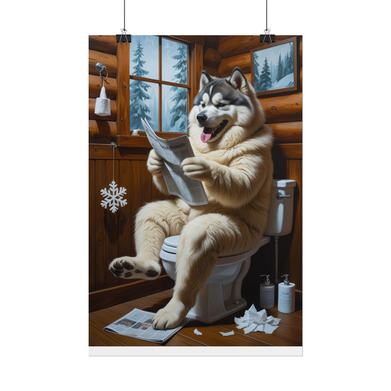 Funny Alaskan Malamute Bathroom Poster – Dog Sitting on Toilet Reading Newspaper | Humorous Dog Wall Art for Bathroom Decor