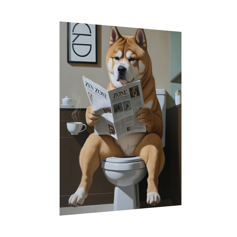 Funny Akita Bathroom Poster – Dog Sitting on Toilet Reading Newspaper | Humorous Dog Wall Art for Bathroom Decor