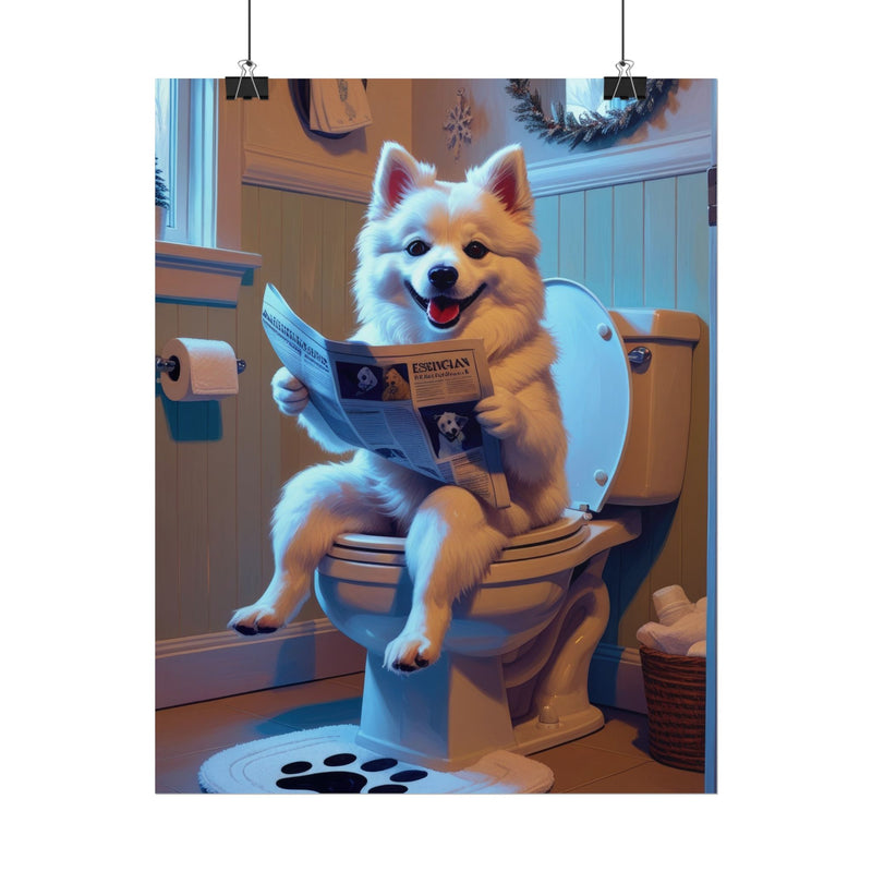 Funny American Eskimo Dog Bathroom Poster – Dog Sitting on Toilet Reading Newspaper | Humorous Dog Wall Art for Bathroom Decor