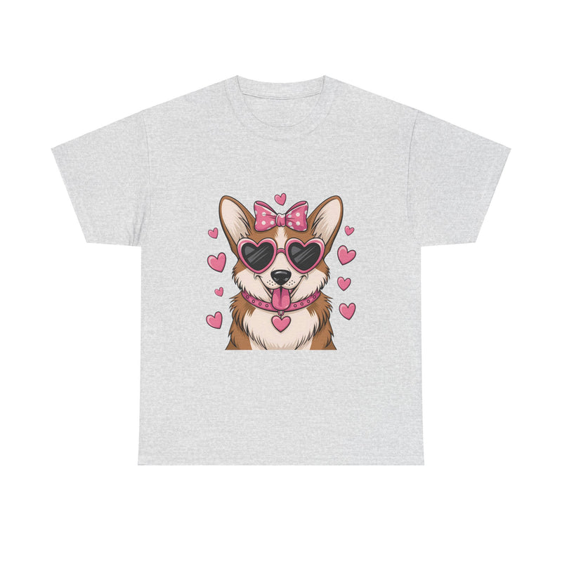 Corgi with Pink Hearts Valentine's Day Unisex Heavy Cotton Tee