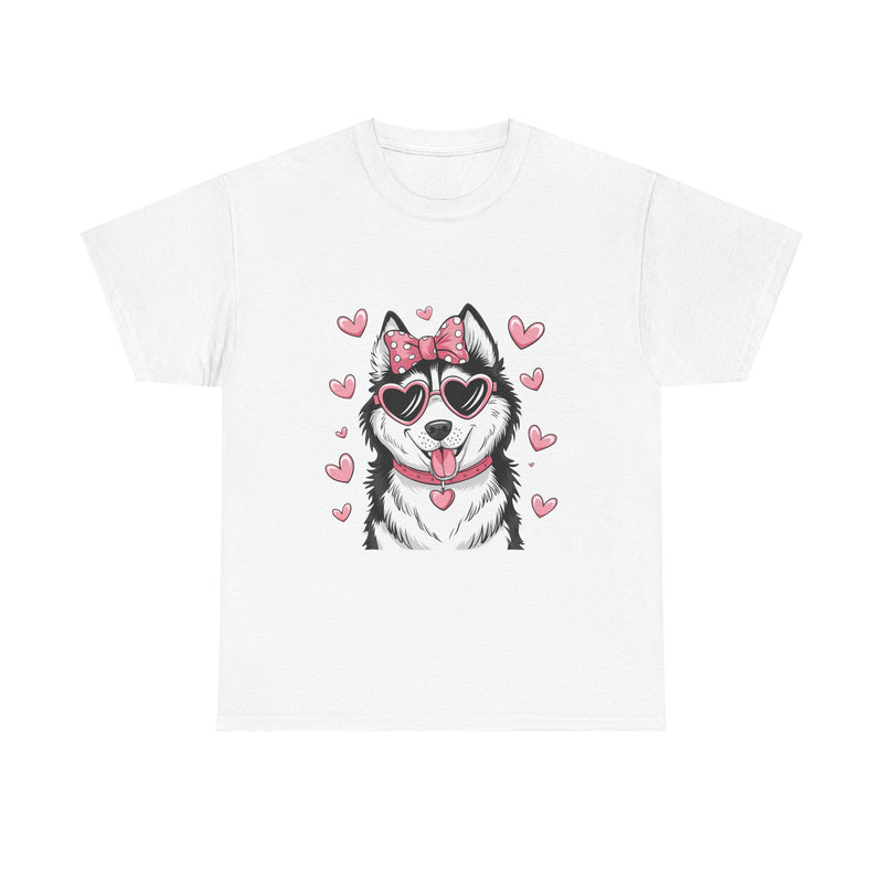 Siberian Husky with Pink Hearts Valentine's Day Unisex Heavy Cotton Tee