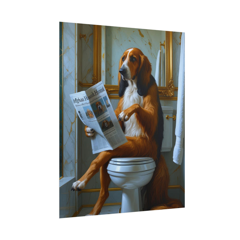 Funny Afghan Hound Bathroom Poster – Dog Sitting on Toilet Reading Newspaper | Humorous Dog Wall Art for Bathroom Decor