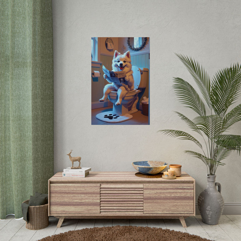 Funny American Eskimo Dog Bathroom Poster – Dog Sitting on Toilet Reading Newspaper | Humorous Dog Wall Art for Bathroom Decor