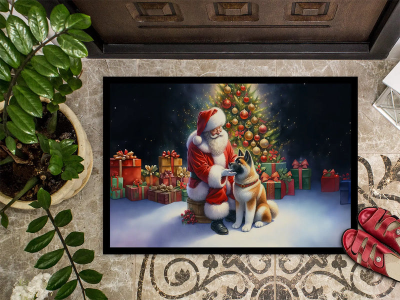 Christmas Doormat with Akita Dog and Santa Claus – Holiday Door Mat for Indoor or Outdoor Use