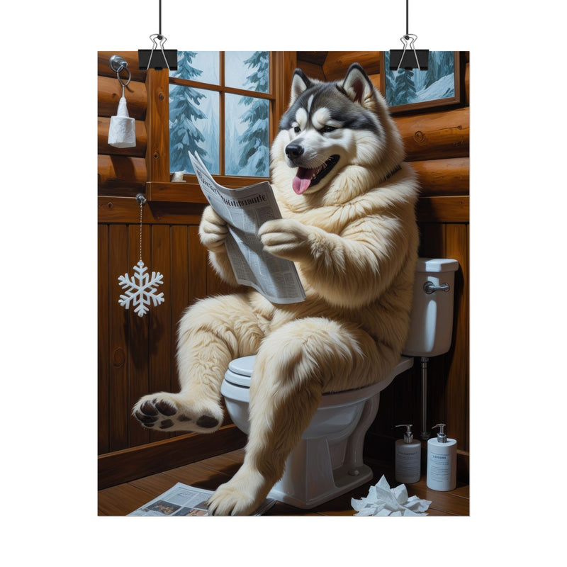 Funny Alaskan Malamute Bathroom Poster – Dog Sitting on Toilet Reading Newspaper | Humorous Dog Wall Art for Bathroom Decor