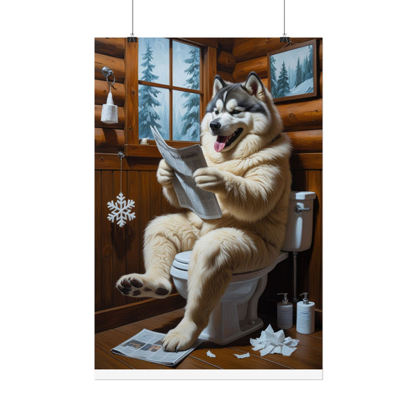 Funny Alaskan Malamute Bathroom Poster – Dog Sitting on Toilet Reading Newspaper | Humorous Dog Wall Art for Bathroom Decor