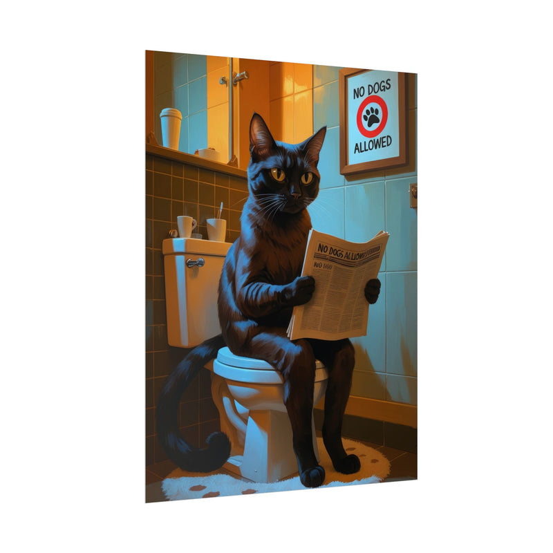 Funny Abyssinian Cat Bathroom Poster – Cat Sitting on Toilet Reading Newspaper | Humorous Cat Wall Art for Bathroom Decor