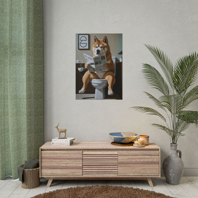 Funny Akita Bathroom Poster – Dog Sitting on Toilet Reading Newspaper | Humorous Dog Wall Art for Bathroom Decor