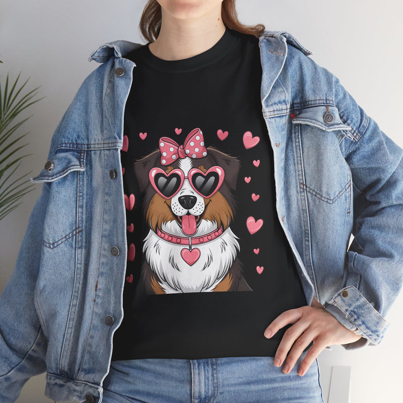 Australian Shepherd with Pink Hearts Valentine's Day Unisex Heavy Cotton Tee