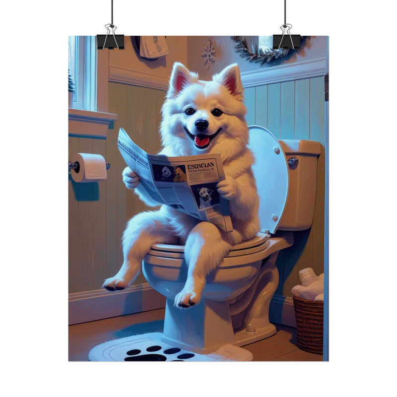 Funny American Eskimo Dog Bathroom Poster – Dog Sitting on Toilet Reading Newspaper | Humorous Dog Wall Art for Bathroom Decor