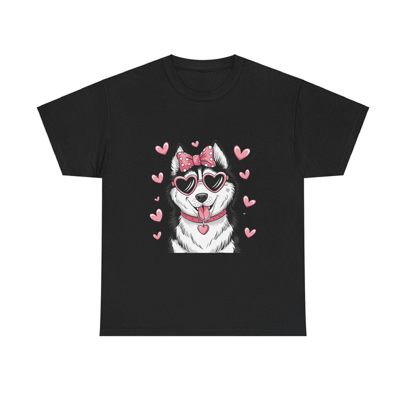 Siberian Husky with Pink Hearts Valentine's Day Unisex Heavy Cotton Tee