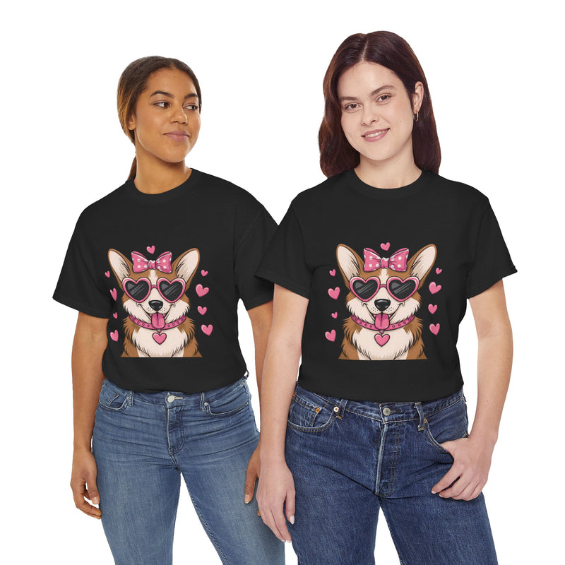 Corgi with Pink Hearts Valentine's Day Unisex Heavy Cotton Tee