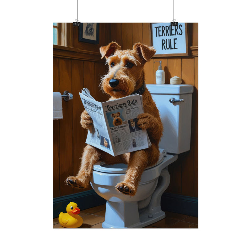 Funny Airedale Terrier Bathroom Poster – Dog Sitting on Toilet Reading Newspaper | Humorous Dog Wall Art for Bathroom Decor