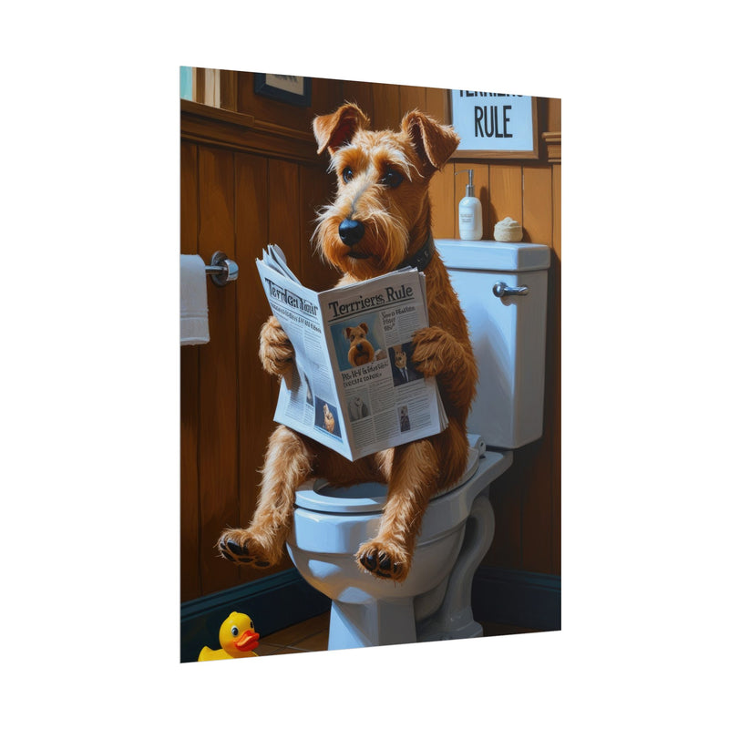 Funny Airedale Terrier Bathroom Poster – Dog Sitting on Toilet Reading Newspaper | Humorous Dog Wall Art for Bathroom Decor