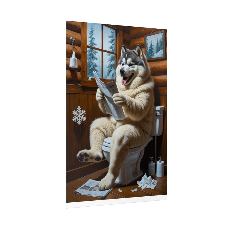 Funny Alaskan Malamute Bathroom Poster – Dog Sitting on Toilet Reading Newspaper | Humorous Dog Wall Art for Bathroom Decor