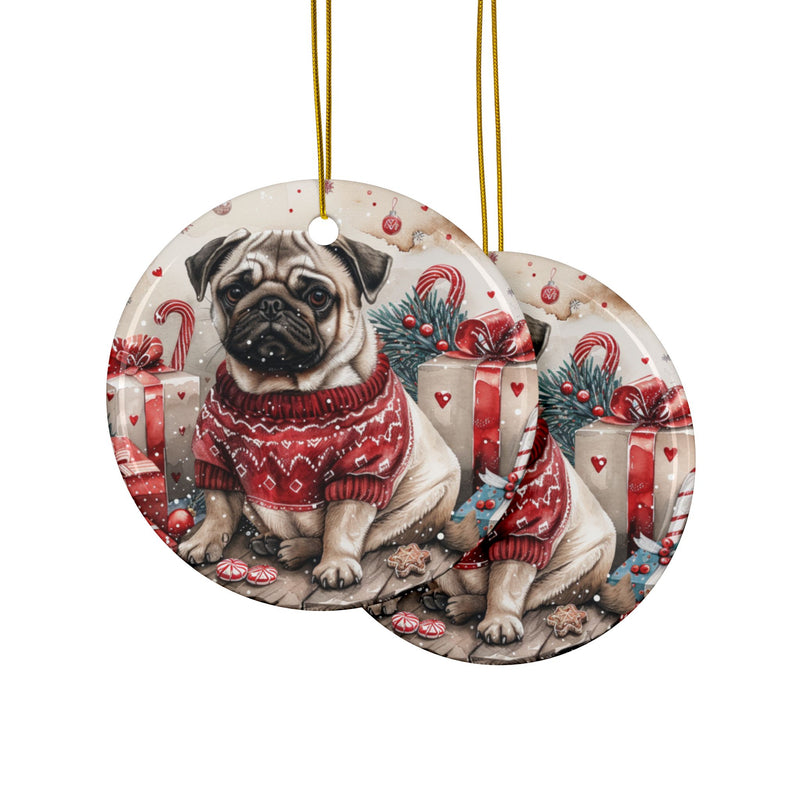 Pug Christmas Ornament – 3D Watercolor Holiday Design with Christmas Sweater, Presents, Candy Canes, and Gingerbread Cookies