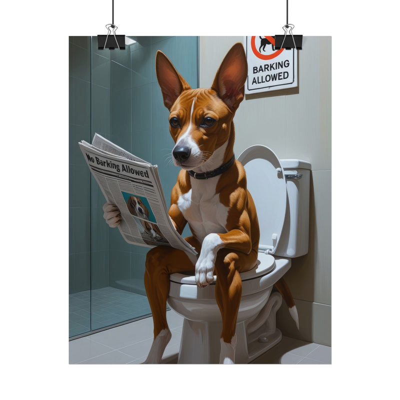 Funny Basenji Bathroom Poster – Dog Sitting on Toilet Reading Newspaper | Humorous Dog Wall Art for Bathroom Decor